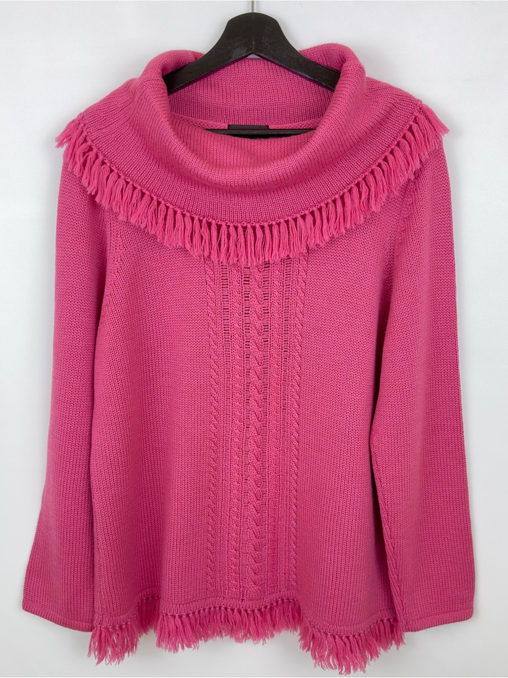 August Max 100% Merino Wool Pink Cowl Neck Fringe Cable Knit Sweater S Made UK